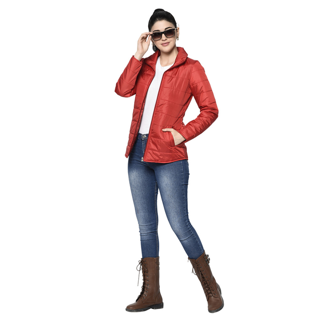 Women red puffer jacket