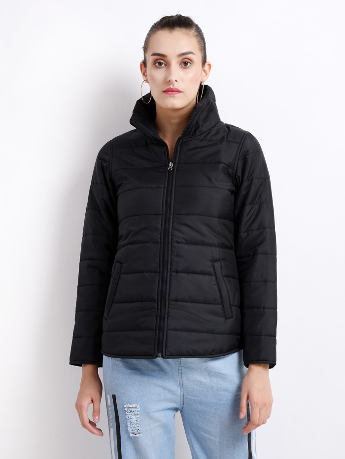 Women High Neck Puffer Jacket - Black