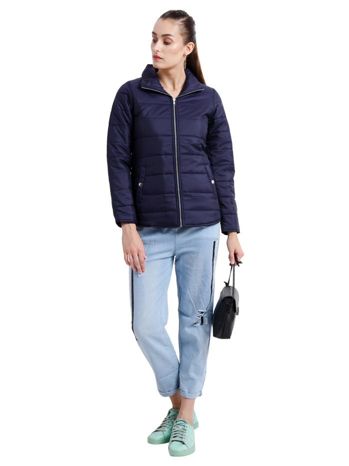 A model showcasing Women High Neck Puffer Jacket thumbnail.