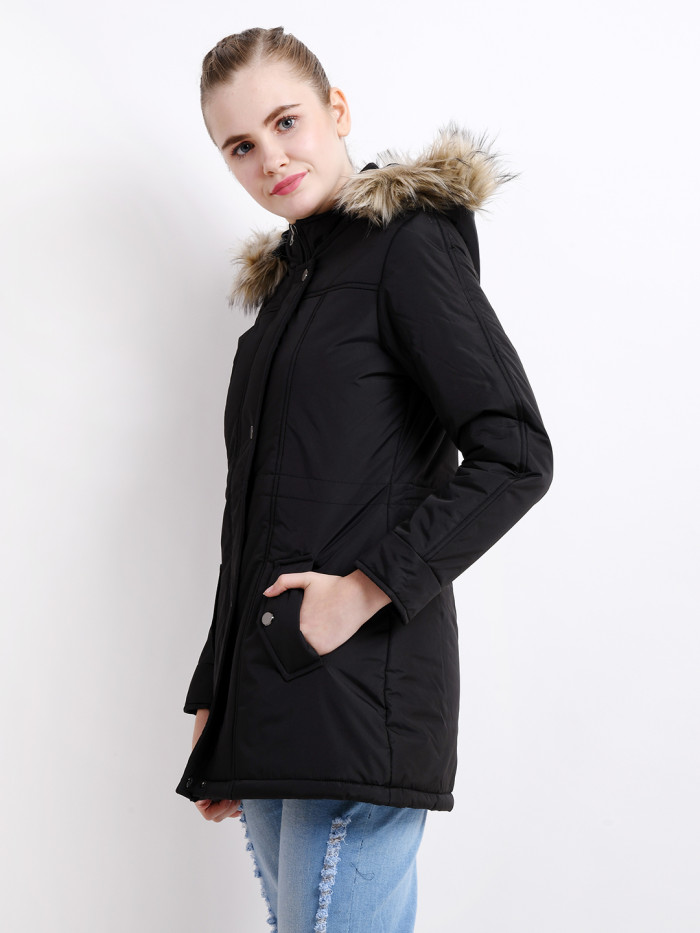 A right pose of a woman wearing a Black Puffer jacket with a high neck, hood, zipper closure and side pocket designed for casual winter layering and comfort.