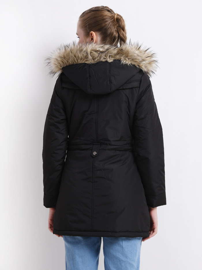 A back pose of a woman wearing a Black Puffer jacket with a high neck, and matching hood designed for casual winter layering and comfort.