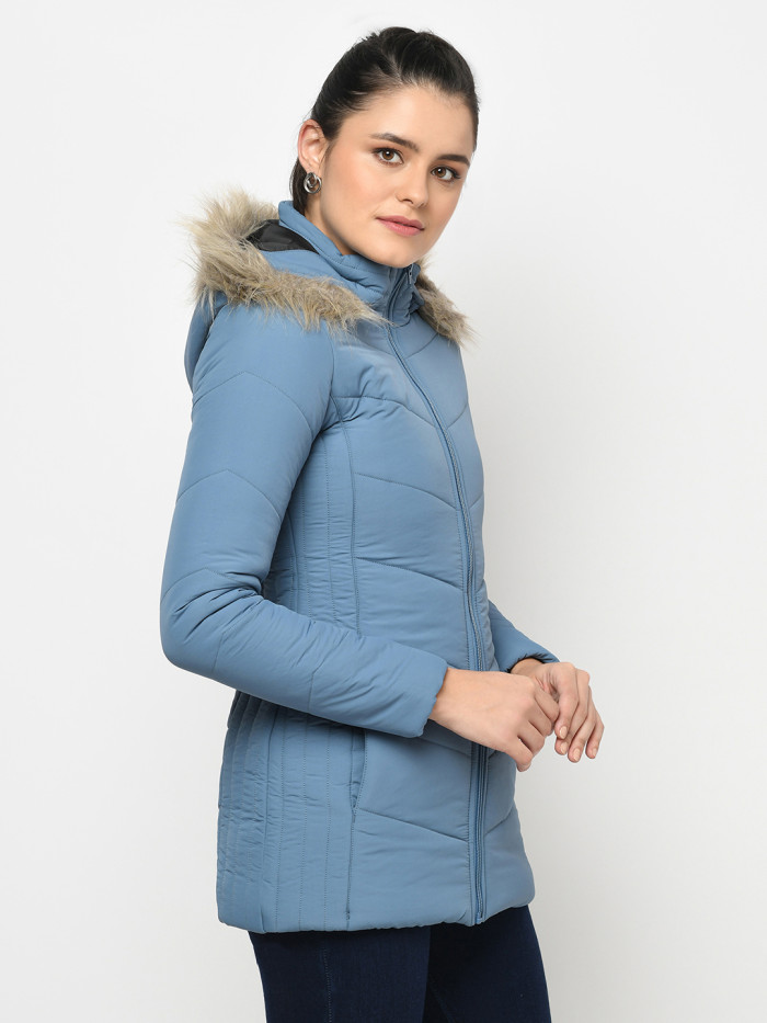 A model showcasing Women High Neck Puffer Jacket With Detachable Hood thumbnail.