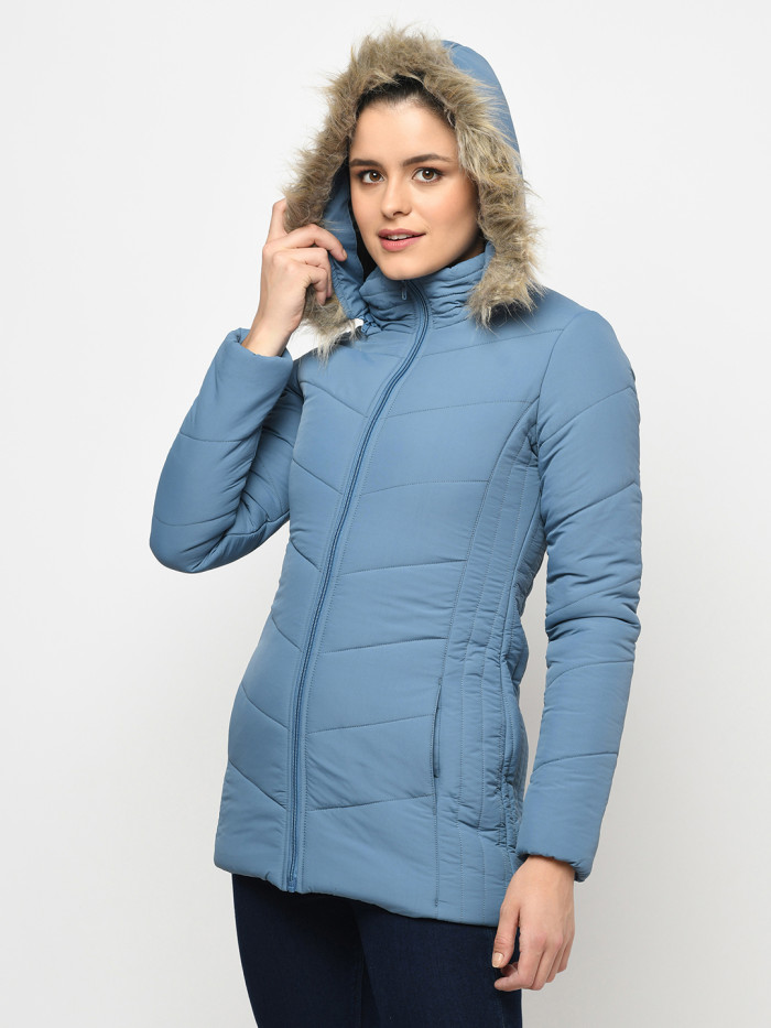 A model showcasing Women High Neck Puffer Jacket With Detachable Hood thumbnail.