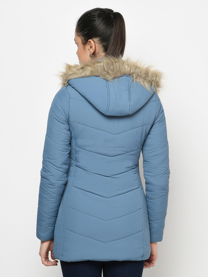 A model showcasing Women High Neck Puffer Jacket With Detachable Hood thumbnail.