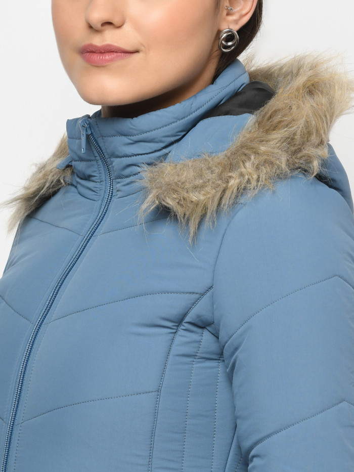 A model showcasing Women High Neck Puffer Jacket With Detachable Hood thumbnail.