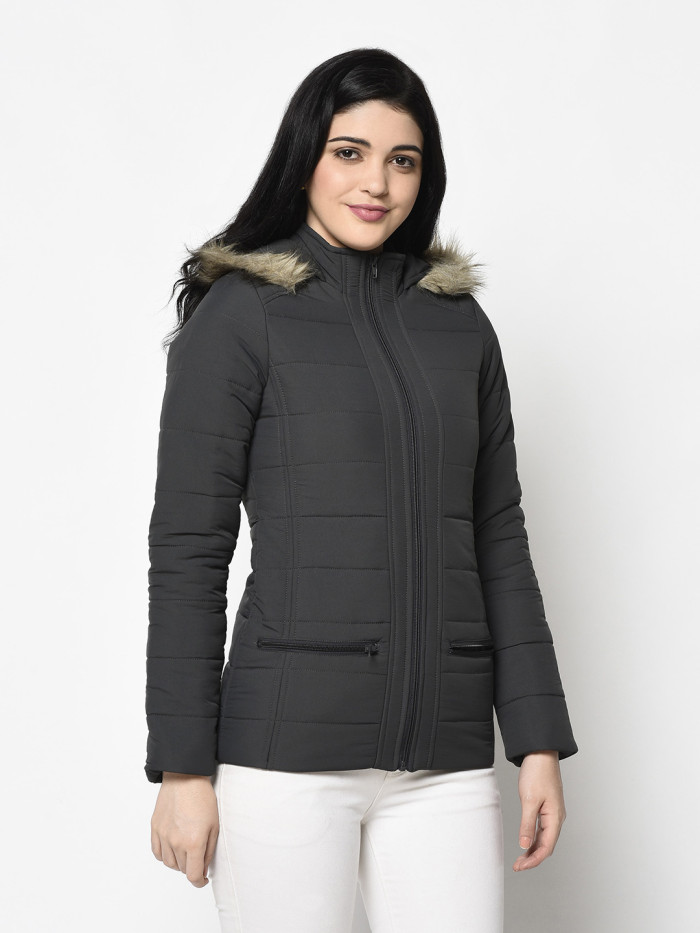 Women High Neck Puffer Jacket With Hood in Dark Grey