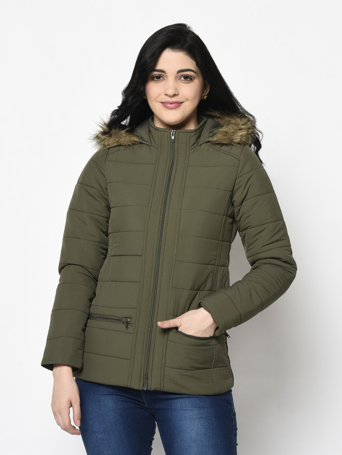 Women High Neck Puffer Jacket With Hood in Olive