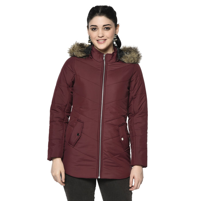 Women Solid Puffer Jacket With Faux Fur Hood in Maroon