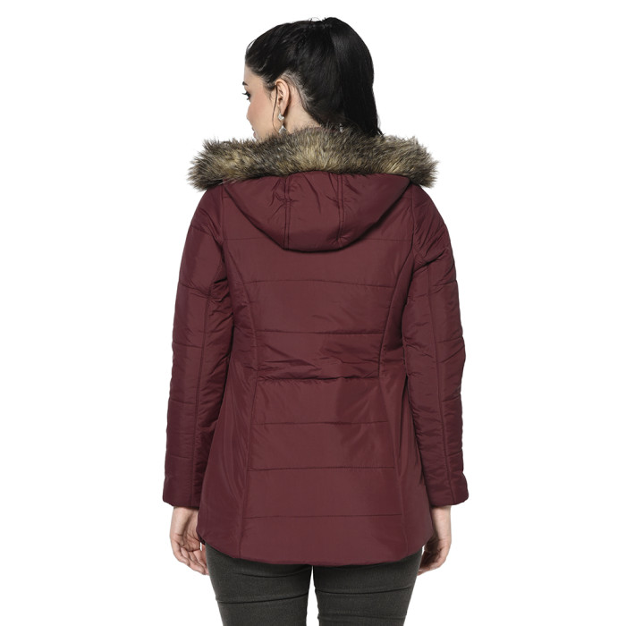 A back pose of a woman wearing a Maroon Puffer jacket with a high neck, and matching hood designed for casual winter layering and comfort.