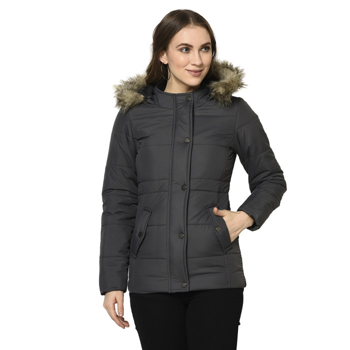 Women Solid Puffer Jacket With Detachable Hood in Charcoal