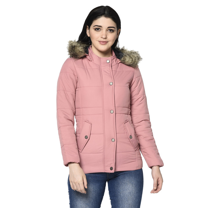 A cropped image of a woman wearing a Light Pink Puffer jacket with a high neck, and matching hood designed for casual winter layering and comfort.