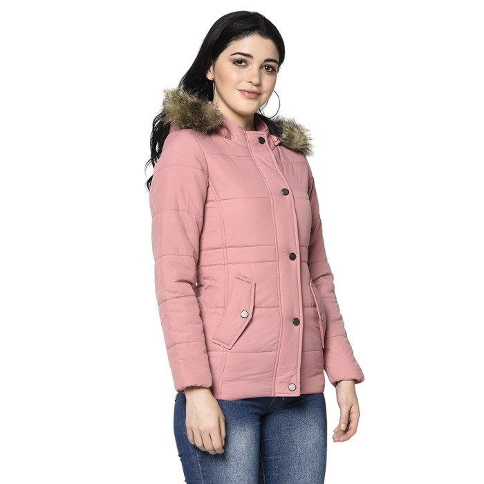 A right pose of a woman wearing a Light Pink Puffer jacket with a high neck, hood, zipper closure and side pocket designed for casual winter layering and comfort.