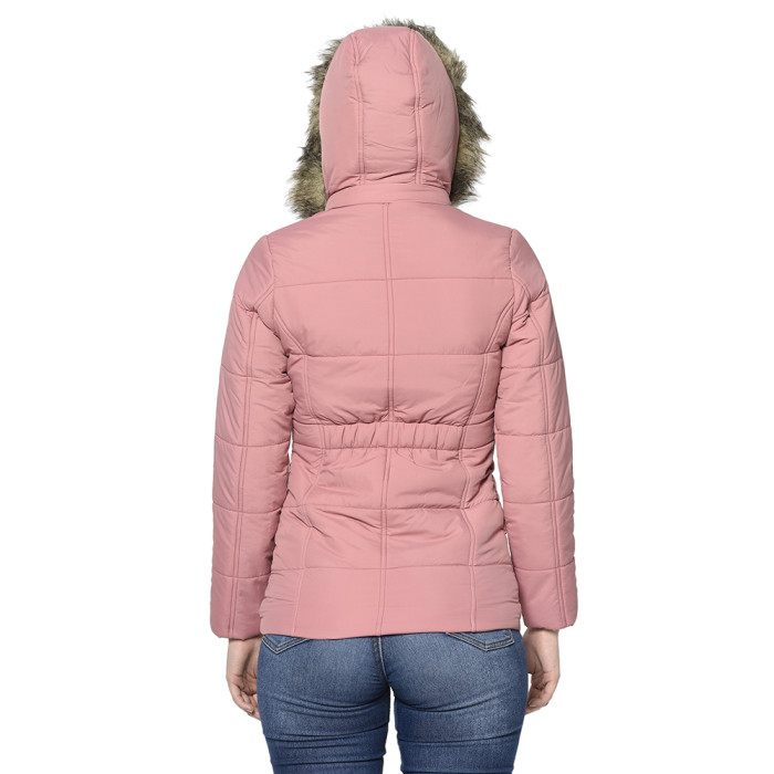 A back pose of a woman wearing a Light Pink Puffer jacket with a high neck, and matching hood designed for casual winter layering and comfort.