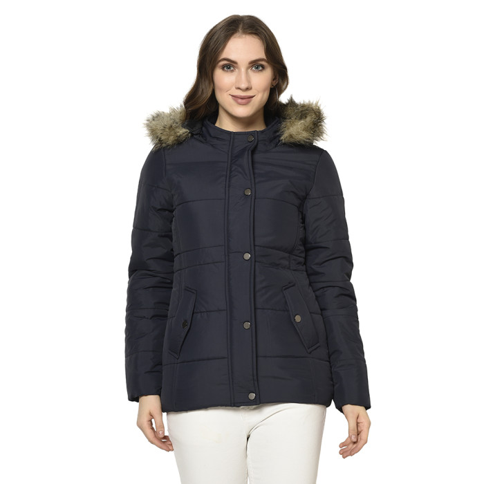 Women Solid Puffer Jacket With Detachable Hood in Navy