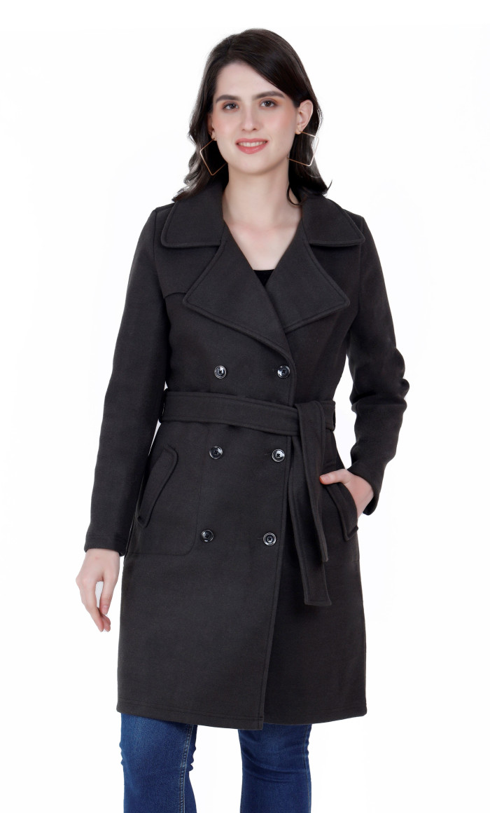 A cropped image of a woman wearing a Lt. Green Long Coat with a lapel collar and matching belt designed for formal and casual winter layering and comfort.