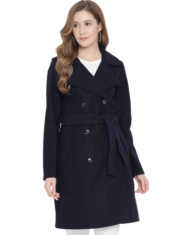 A cropped image of a woman wearing a Navy Long Coat with a lapel collar and matching belt designed for formal and casual winter layering and comfort.