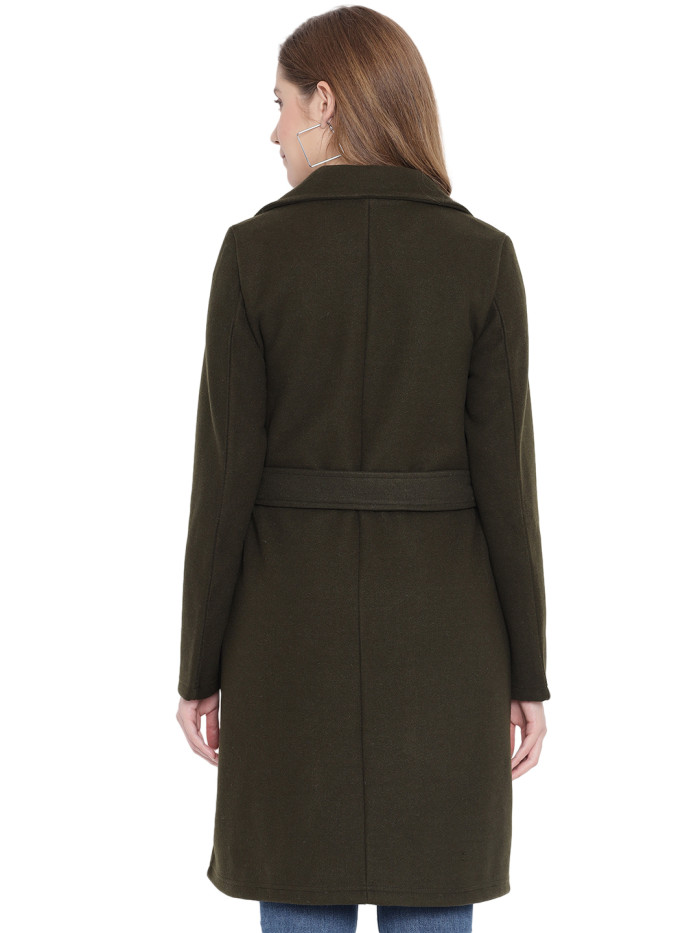 A back pose of a woman wearing an Olive Long Coat with a lapel collar and matching belt designed for formal and casual winter layering and comfort.
