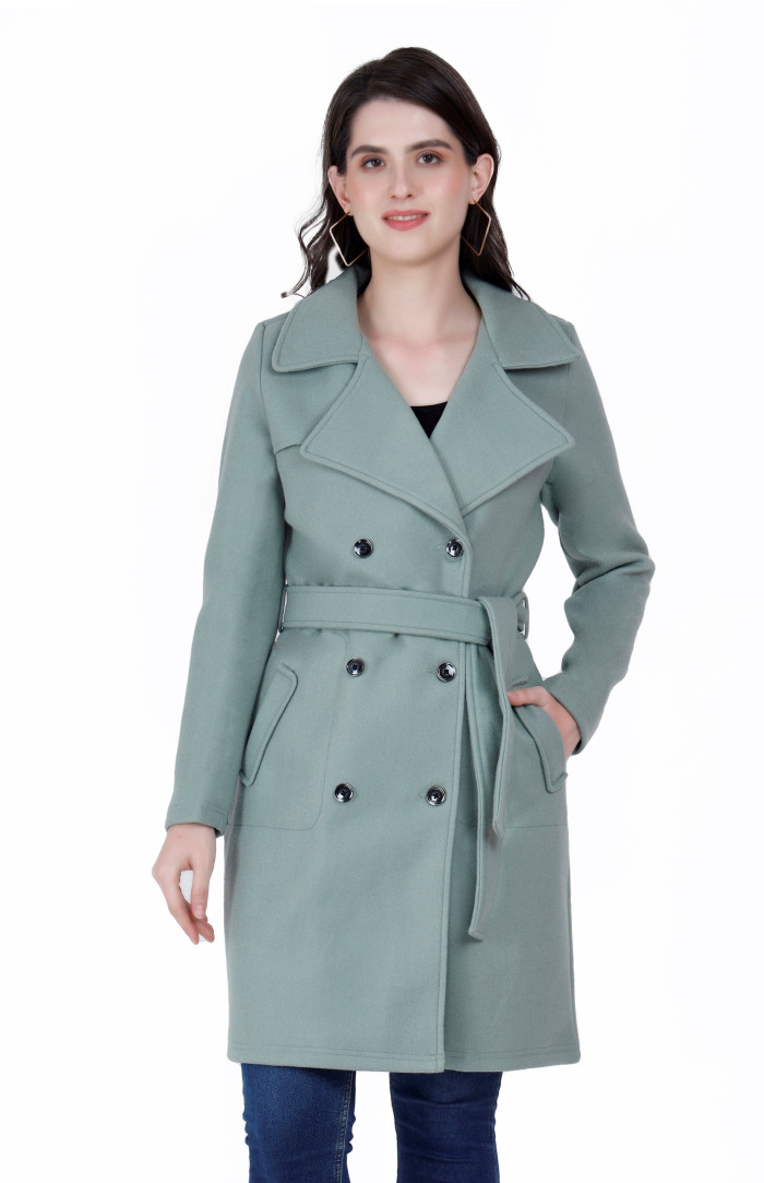 A cropped image of a woman wearing a Pista Long Coat with a lapel collar and matching belt designed for formal and casual winter layering and comfort.