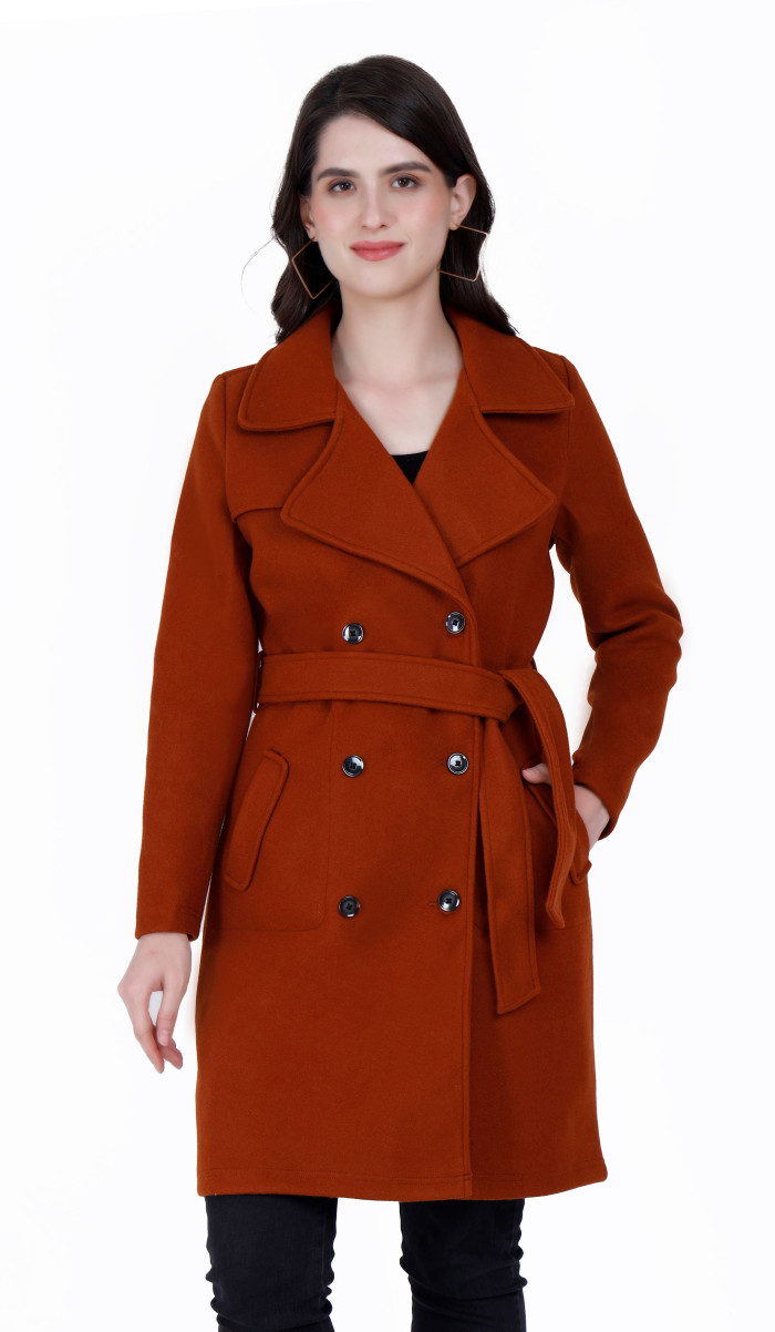 A cropped image of a woman wearing a Rust Long Coat with a lapel collar and matching belt designed for formal and casual winter layering and comfort.