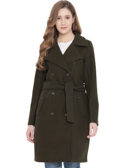 A cropped image of a woman wearing an Olive Long Coat with a lapel collar and matching belt designed for formal and casual winter layering and comfort.