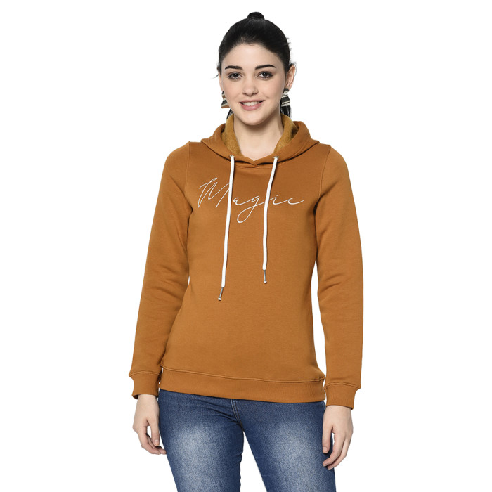 A cropped image of a woman wearing a Mustard Hoodie with ribbed cuff, drawstring and pocket in hand designed for mild winter.