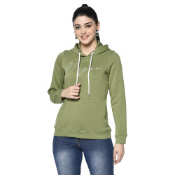 A cropped image of a woman wearing a Green Hoodie with ribbed cuff, drawstring and pocket in hand designed for mild winter.