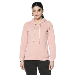 A cropped image of a woman wearing a Lt. Pink Hoodie with ribbed cuff, drawstring and pocket in hand designed for mild winter.