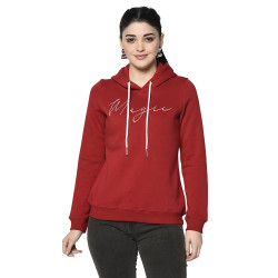 A cropped image of a woman wearing a Red Hoodie with ribbed cuff, drawstring and pocket in hand designed for mild winter.